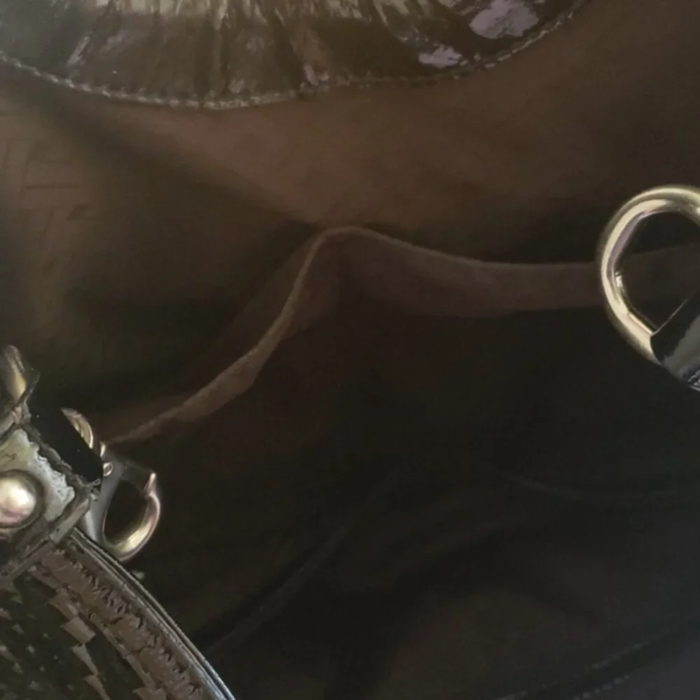 COLE HAAN Triangle Black Patent Suede Leather Basket Weave Shoulder‎ Satchel Bag